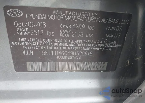 2009 Hyundai Sonata Limited z USA, uszkodzony, nr VIN 5NPEU46C49H528918